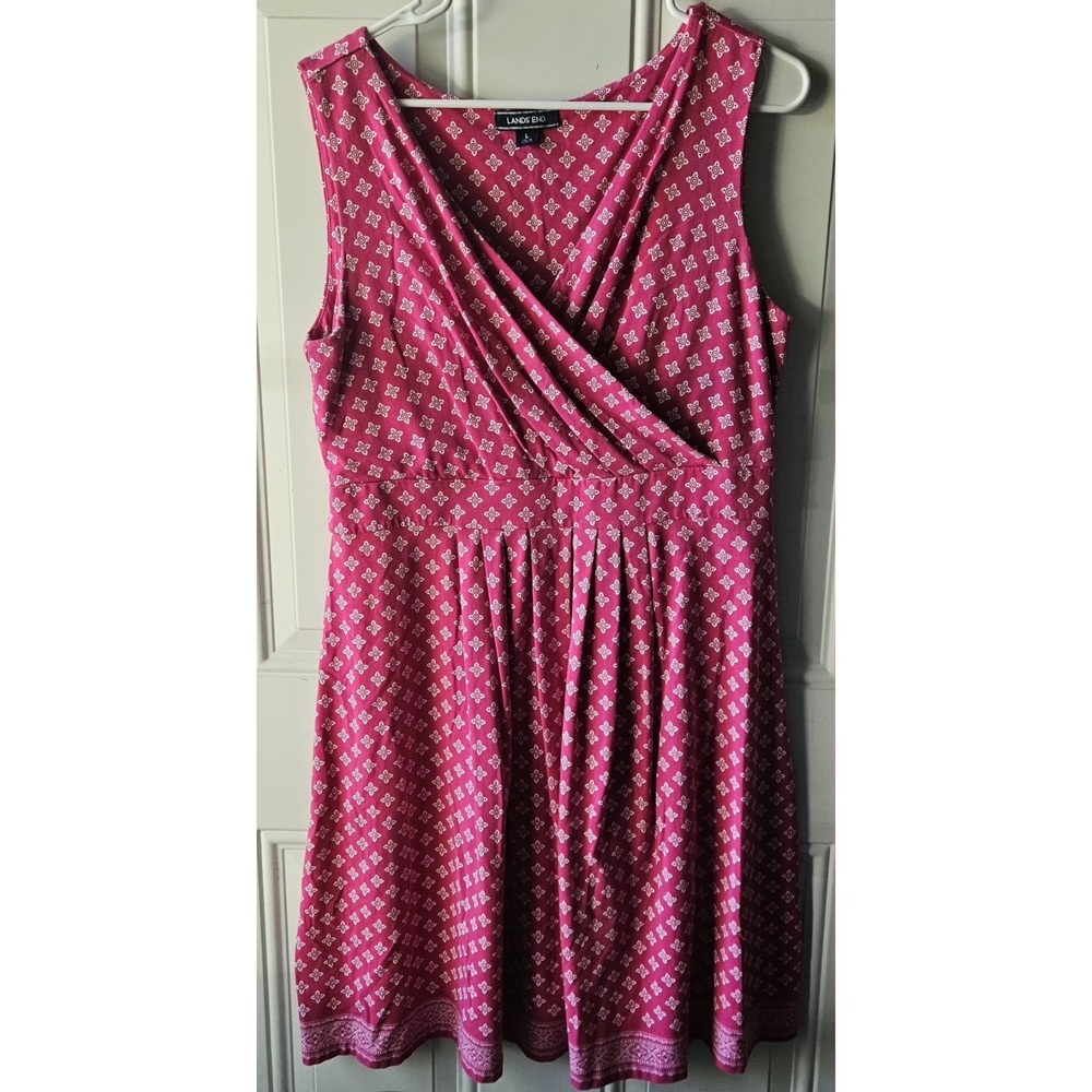 Lands' End Women's Dress Large Pink Print Sleeveless Wrap Style Stretch Knee...